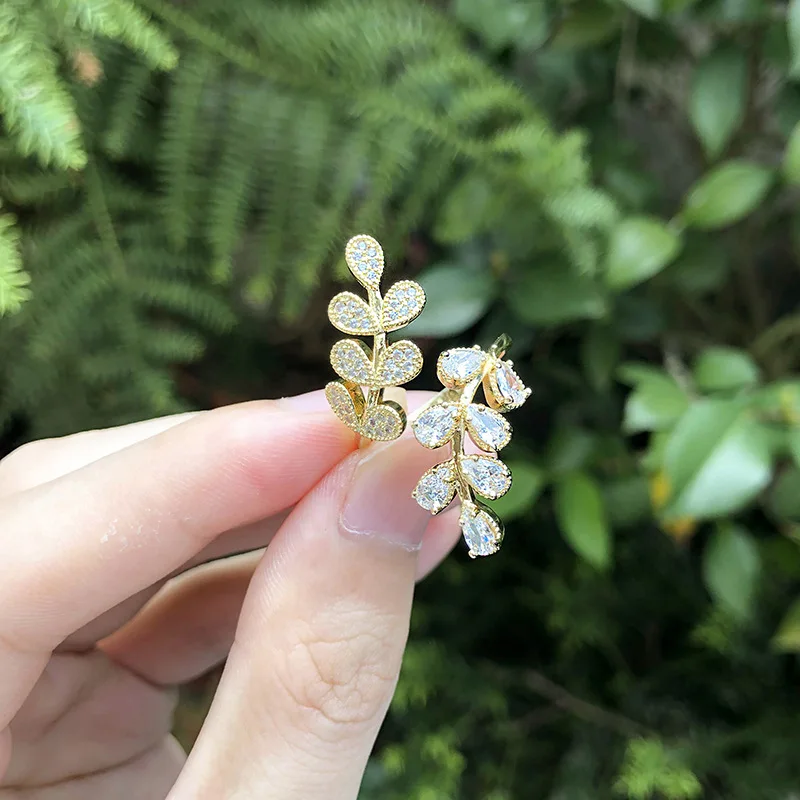  Diamond Vintage Leaves Shape Ring Women Daily Gift Zircon Prong Setting Brass Adjustable Iced Out High Quality Jewelry