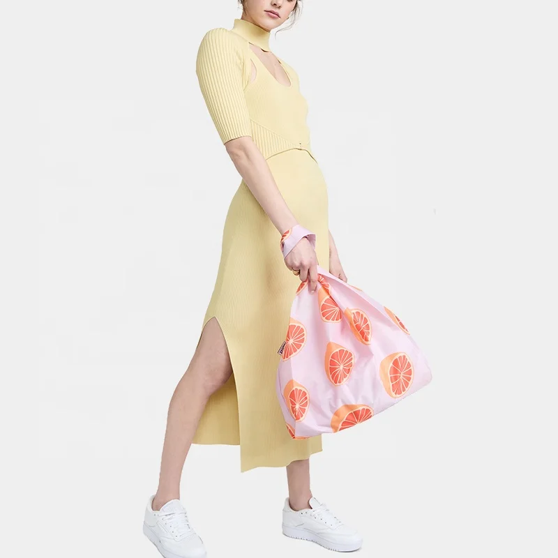 Custom Logo Reusable Mixed Fruit Print Ripstop Nylon Eco Standard Foldable Grocery Shopping Bag