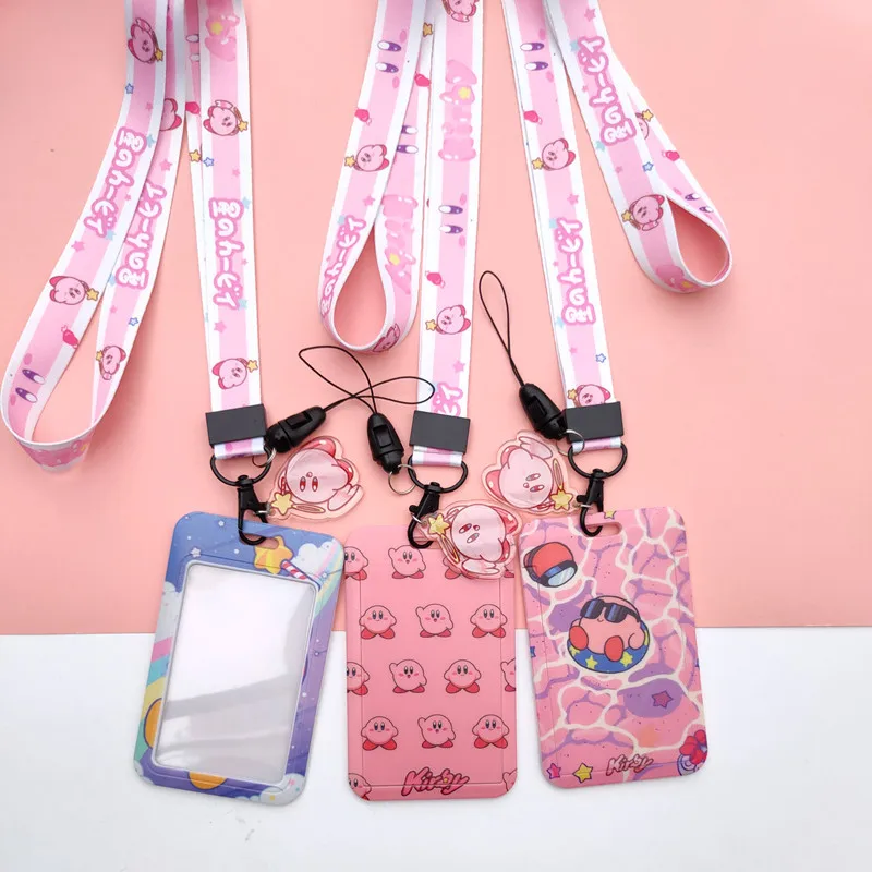Hot Sale Cute Game Student id Card Holder Lanyard Keychain Pink Kirby Lanyard Card Holder
