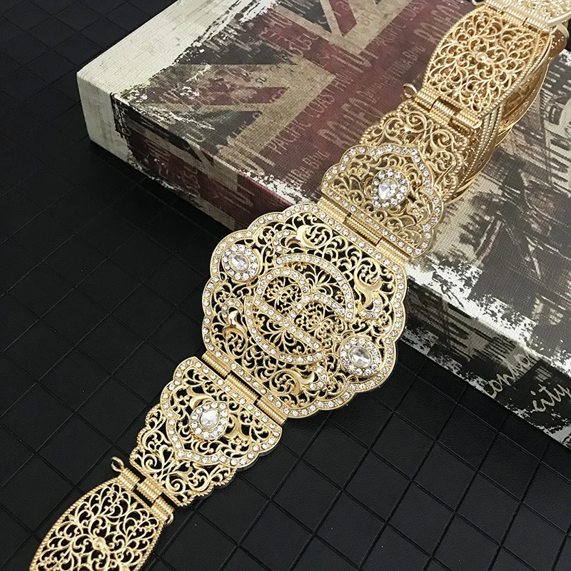 Morocco High Quality Jewelry Belt Women Dress Belt Gold Color Mintgreen Crystal Belly Chain Hollow Jewelry Gift Webbing Belt