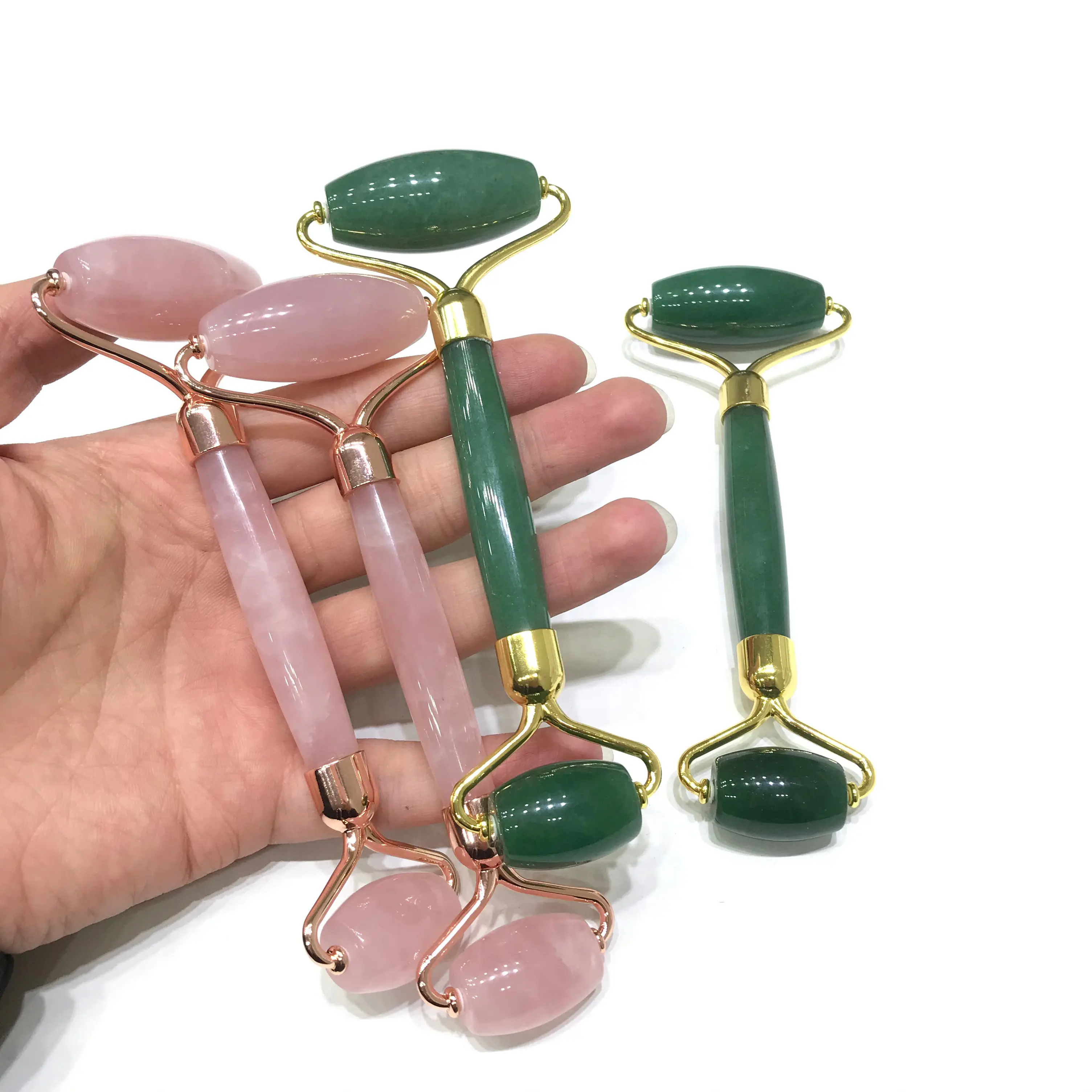 Natural Flower Agate Green Aventurine Rose Quartz Crystal Massage Face roller For Healing