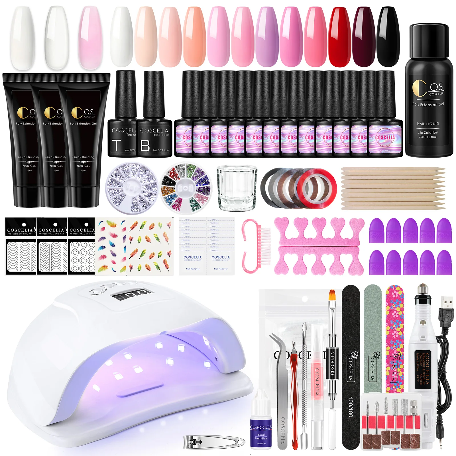 COSCELIA оптовая продажа Профессиональный набор для удлинения ногтей набор гель-лака для ногтей комплект гель-лака верхнее покрытие Базовое покрытие лампа для ногтей для нового стартера
