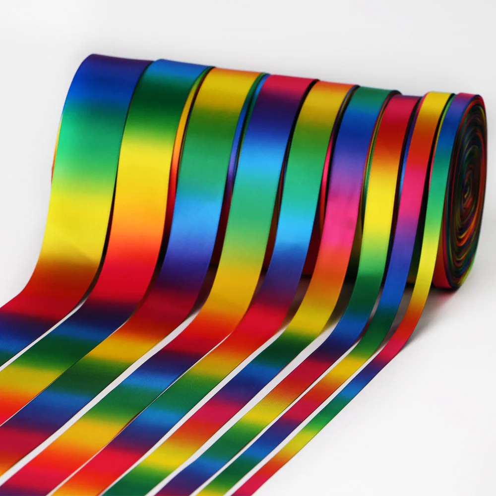 OEM Custom Heat transfer rainbow polyester printed webbing double sided satin gradient gift ribbon