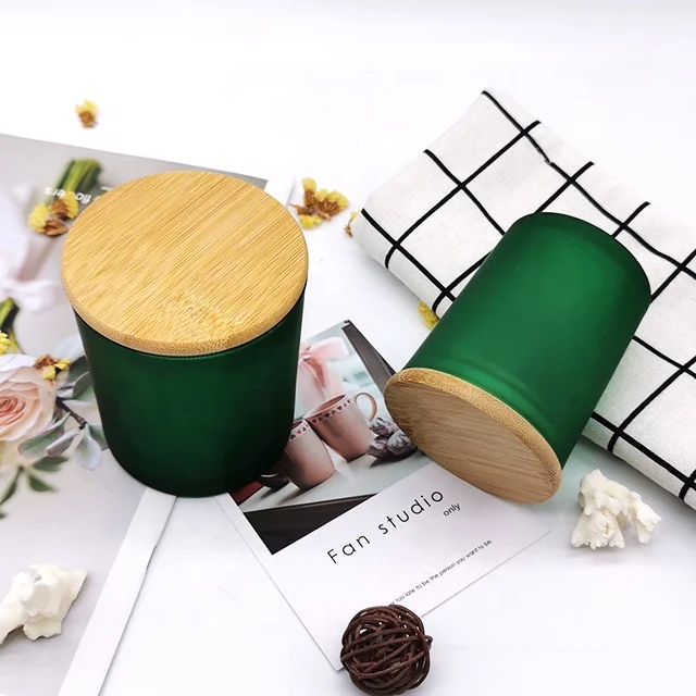 Multi color frosted empty glass candle jars with wooden lids in bulk for candle making