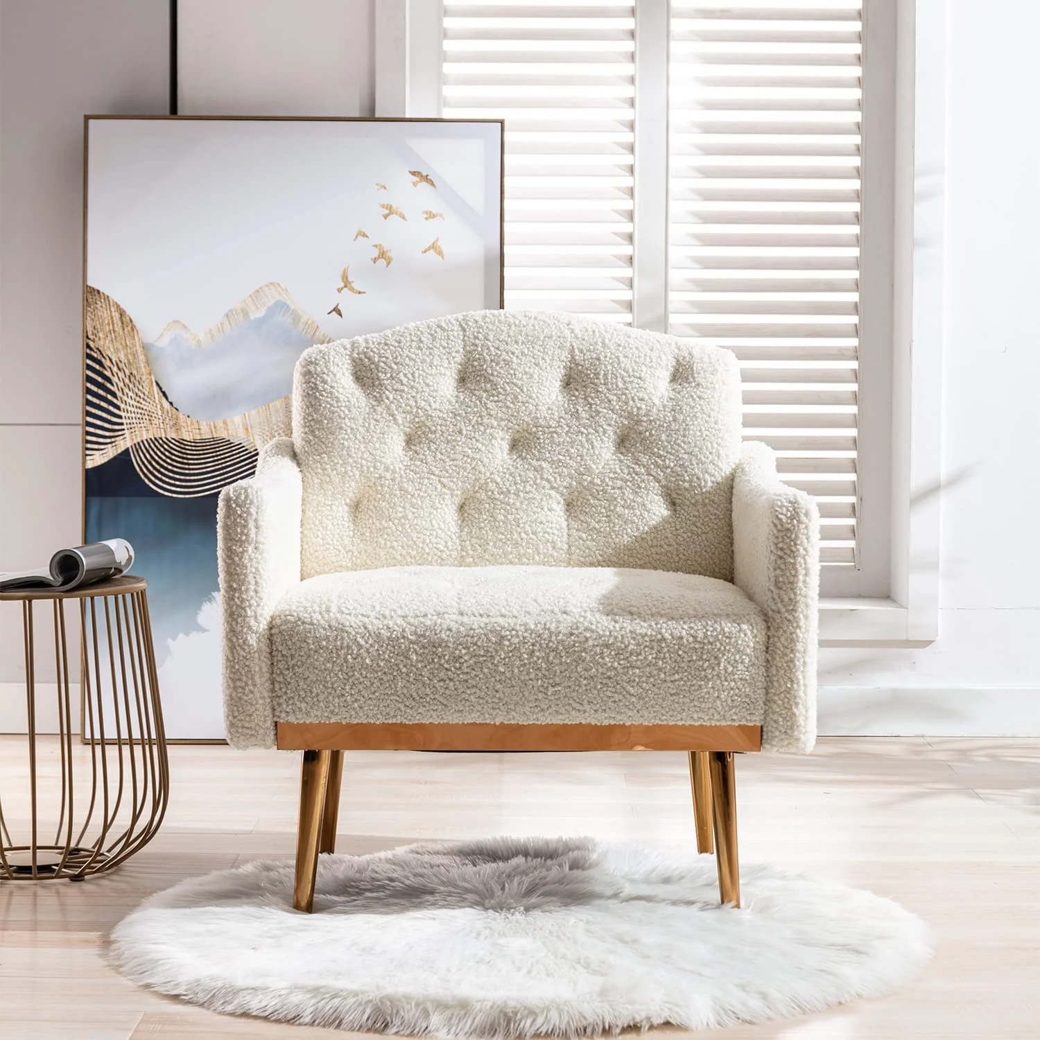 Modern Living Room Accent Arm Chair Tufted Decorative White Single Sofa Fabric with Gold Metal Legs