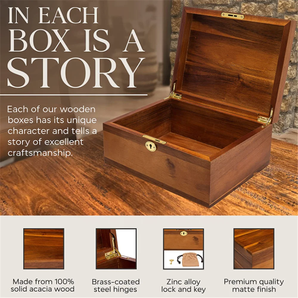 Деревянный ящик для хранения с откидной крышкой и замком Большой премиум акации Keepsake грудь деревянный ящик