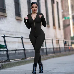Casual Sexy Stretch Zipper Solid Bodycon Fall Jumpsuits For Sports Yoga Cloth Long Sleeve Jumpsuit Women