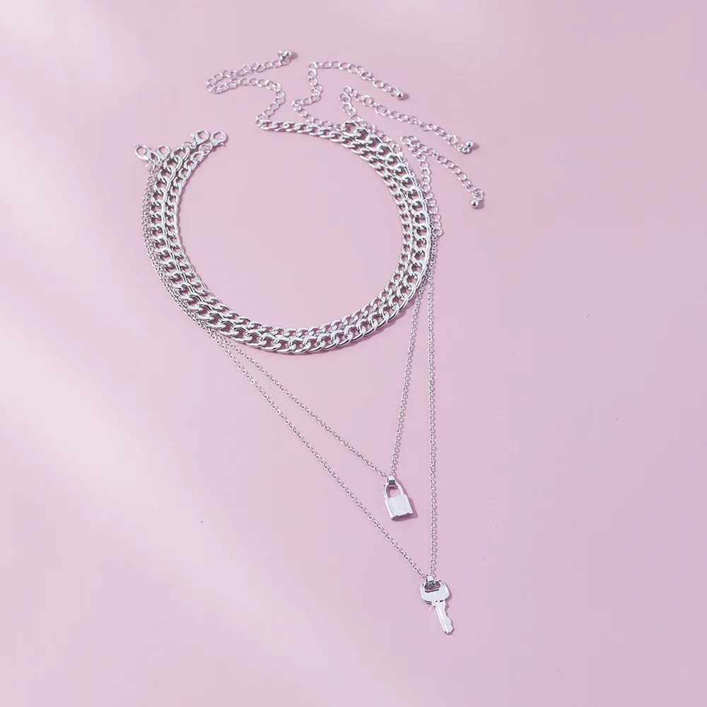 Fashion Key Padlock Pendant Cuba Necklace for Women Punk Goth Golden Silver Color Layered Chain Necklaces Street Style Jewelry