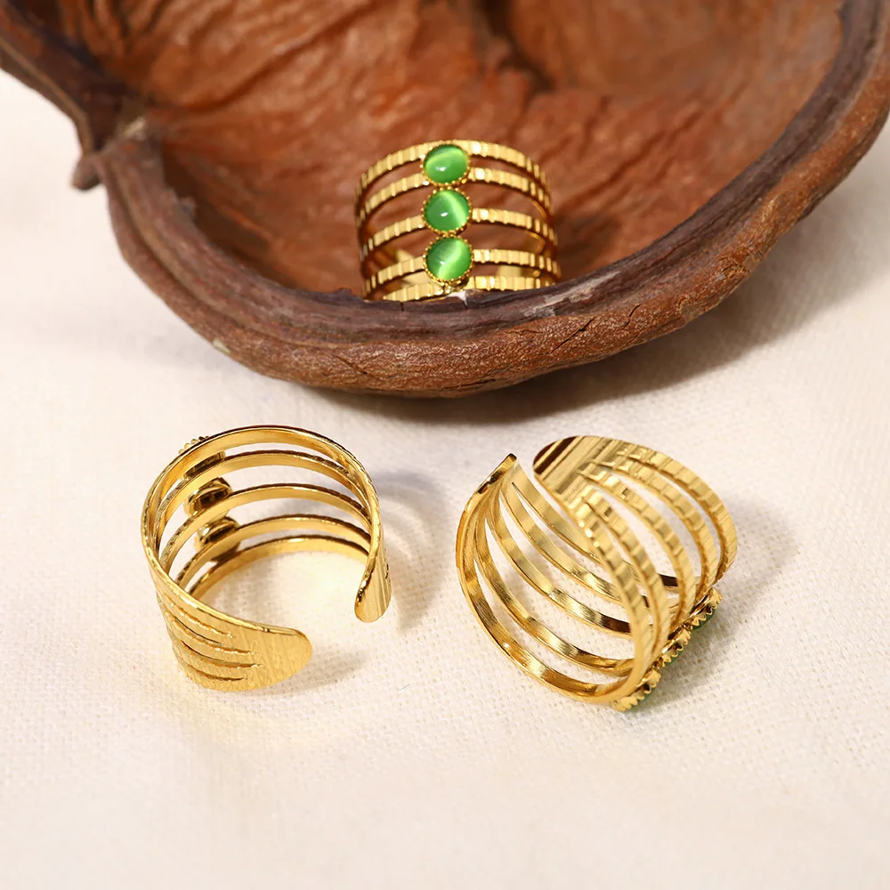 High Quality Design Stainless Steel Jade Layered Ring Gold Plating Double Layered Gemstone Opening Ring