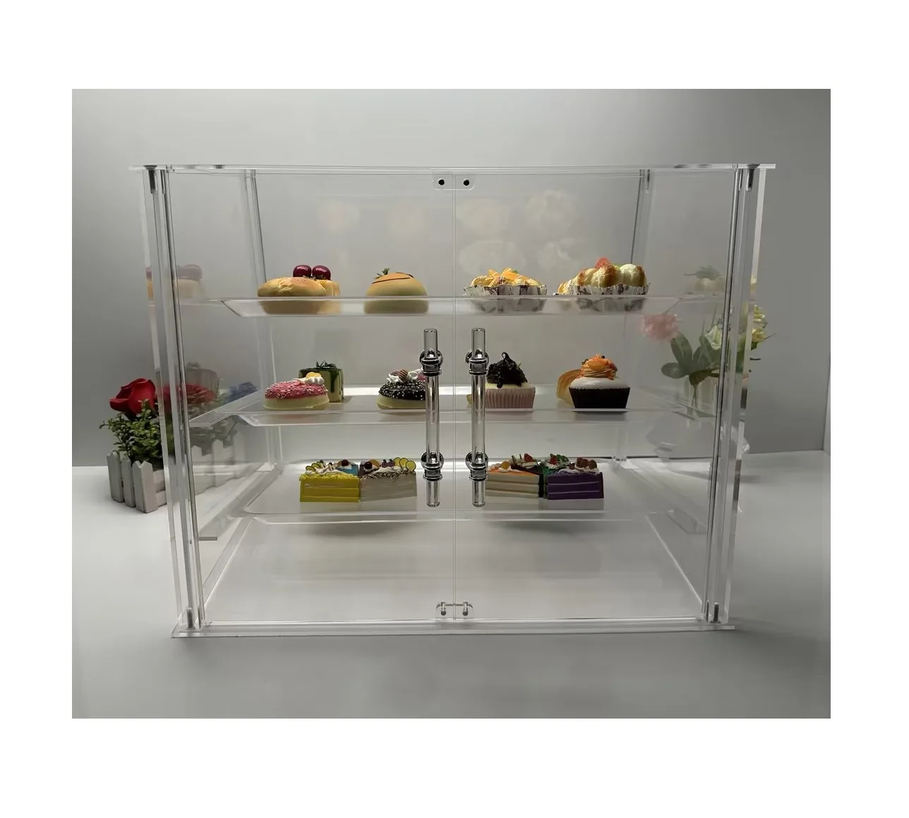 Countertop 3 Tray Acrylic Display Case Clear Acrylic Pastry Display Cake with Rear Door Acrylic Pastry Display