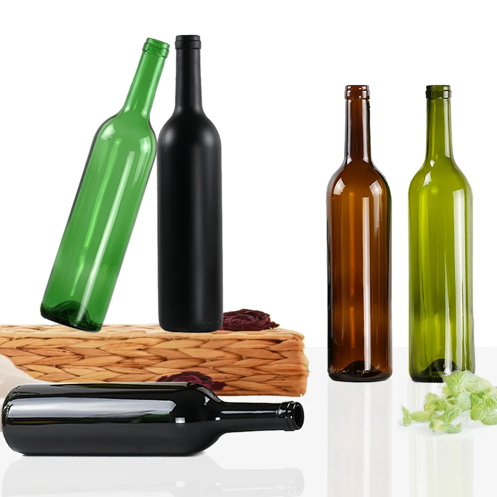 Wholesale empty 375ml 500ml750 ml glass matte black green amber wine bottle with corks