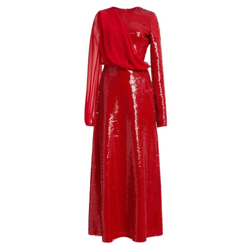 Ladies Long Gowns Party Guest Long Sleeve Sequined Evening Dress Sweep Train Slit New Years Eve Party Dress