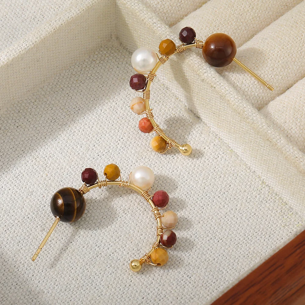 tiger eye stone copper wire winding handmade freshwater pearl tarnish free stud earrings women