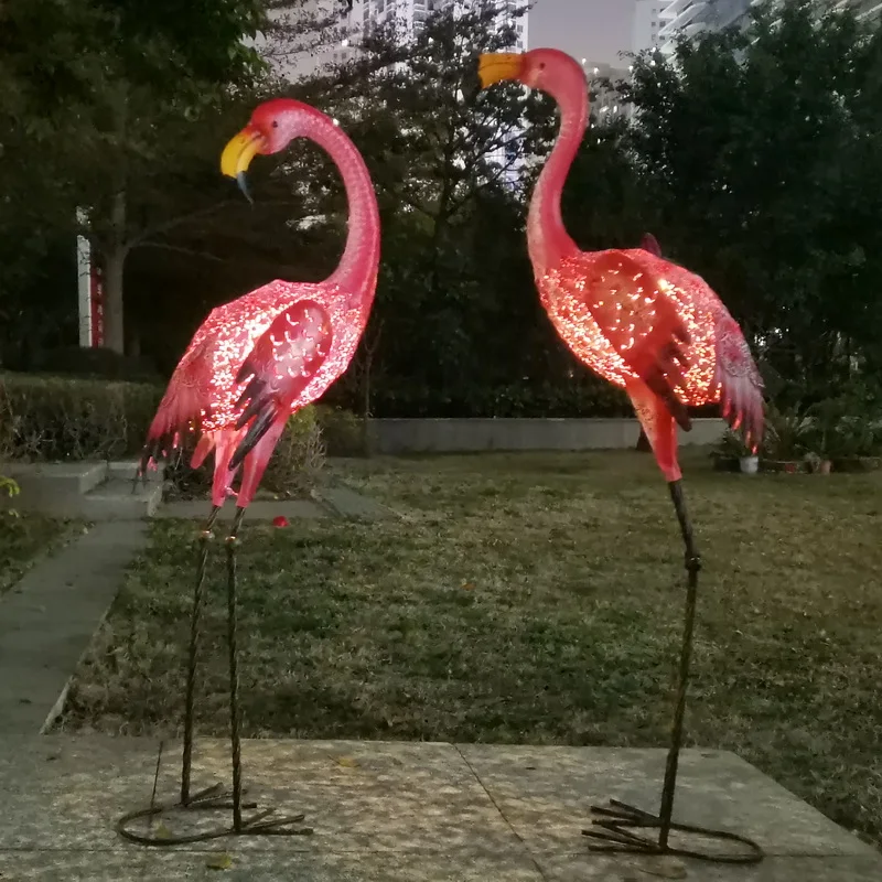 outdoor solar lighting metal art craft pink flamingo yard ornament