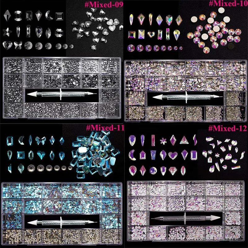 GREENKEM Hot Crystal AB Nail Art Rhinestones Mix Shape Fancy Shaped In Box Flat Bottom Glass Nail Diamond Rhinestone