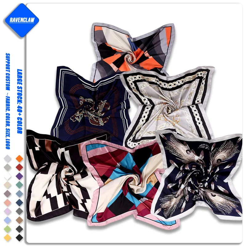 2022 Wholesale Women Luxury Elegant Brand Scarf Wrap Handkerchief Bandanas Soft Satin Silk Square Scarf For Women