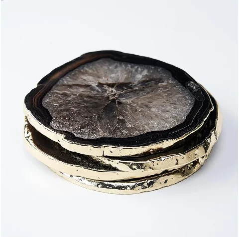 Best Selling Natural Agate Rounded Serving Coaster Set With Plated Table Top Decor Cup Coaster