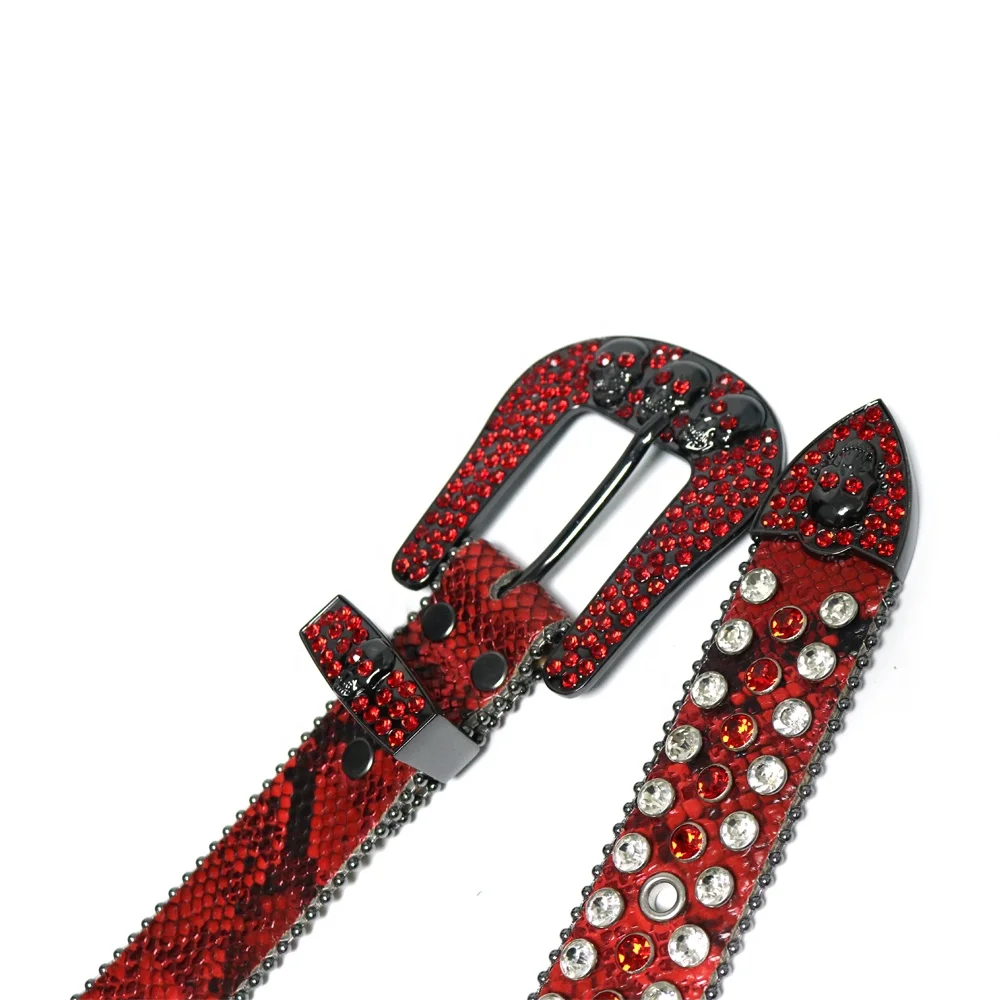 Retro Classical Western Bling Bling Rhinestone Skull Belts Buckle Studded Skull Red Rhinestones Belt Men