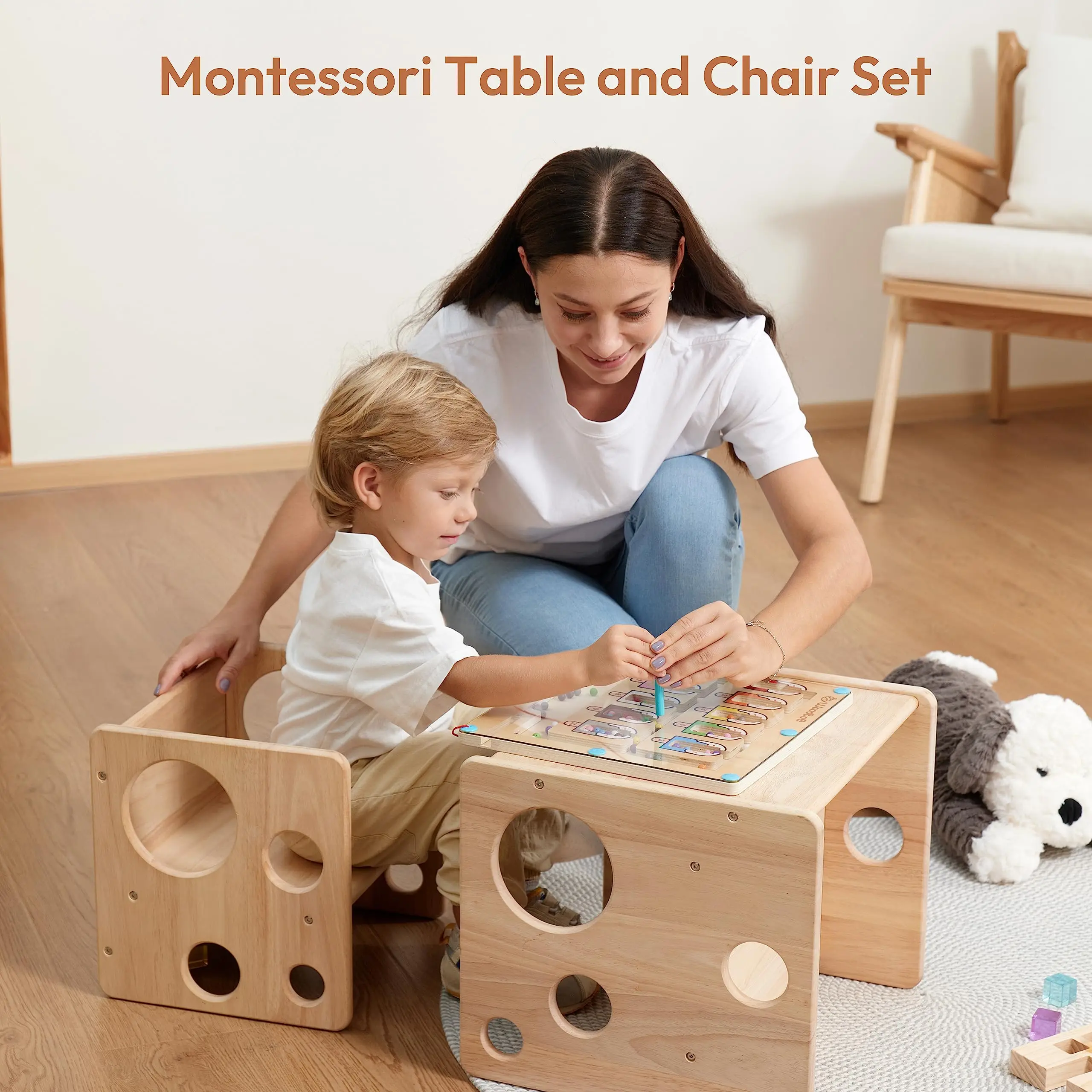 Montessori Weaning Table and Chair Set Toddler Table and Chair Set Natural Solid Wooden Kids Table Cube Chair for Boys and Girls