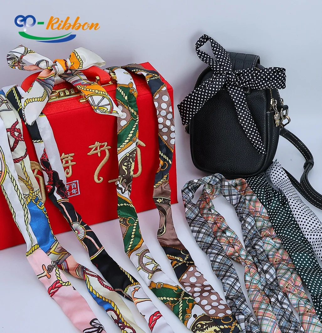 Digital printing Hair Scarf Ribbon elegant Long Handle Bag Ribbons 100% Twill Silk Scarf for Women New Luxury Brand Skinny Scarf
