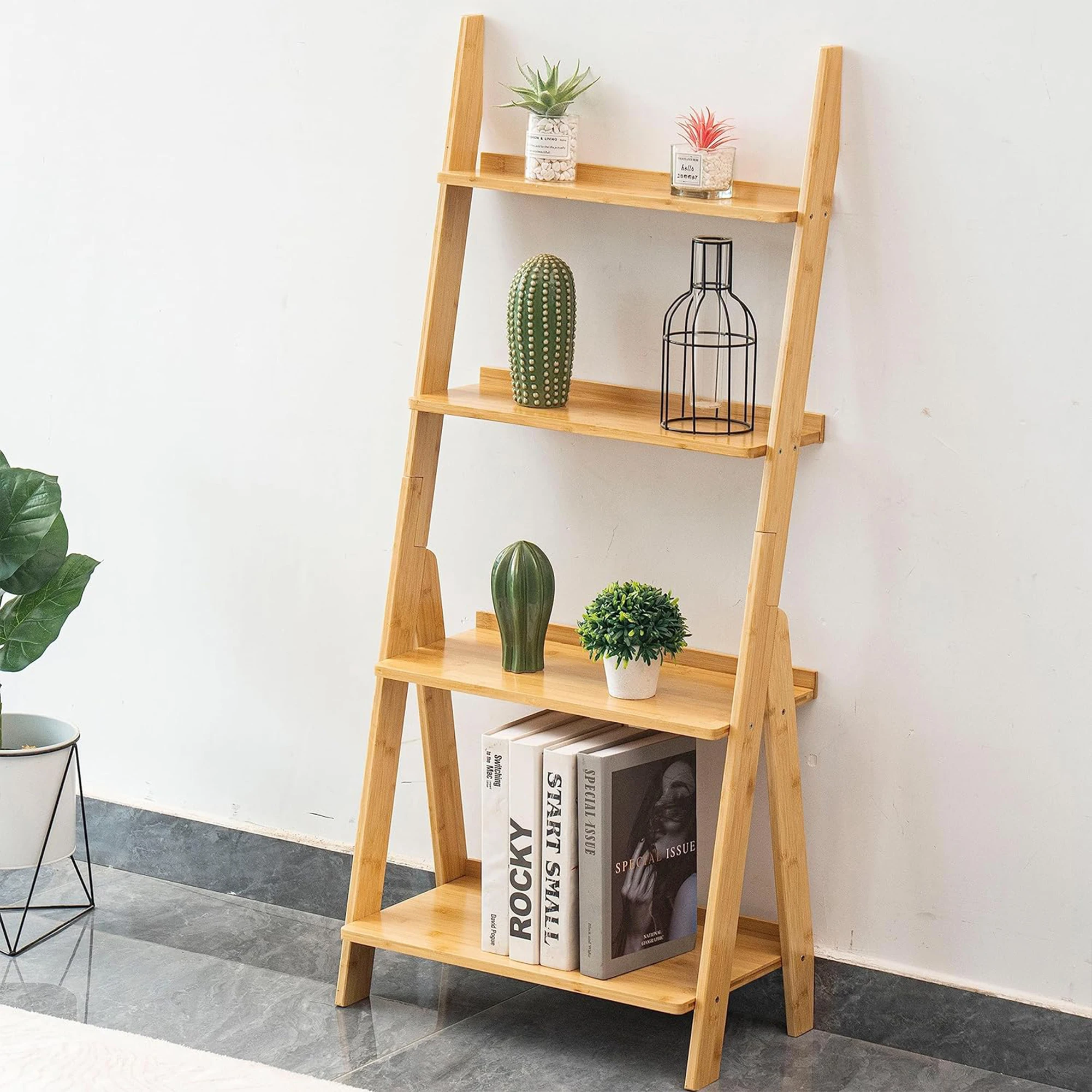 High Standing Wall Bookcase Bamboo Wooden Tilting Bookcase Organizer Living Room 4-Storey Bamboo Wooden Ladder Bookcase
