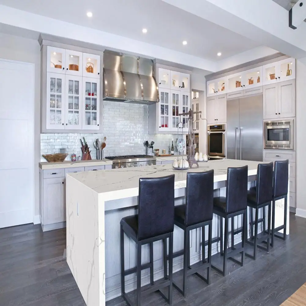 Quartz Stone Slab Kitchen Countertop Black with White Veins