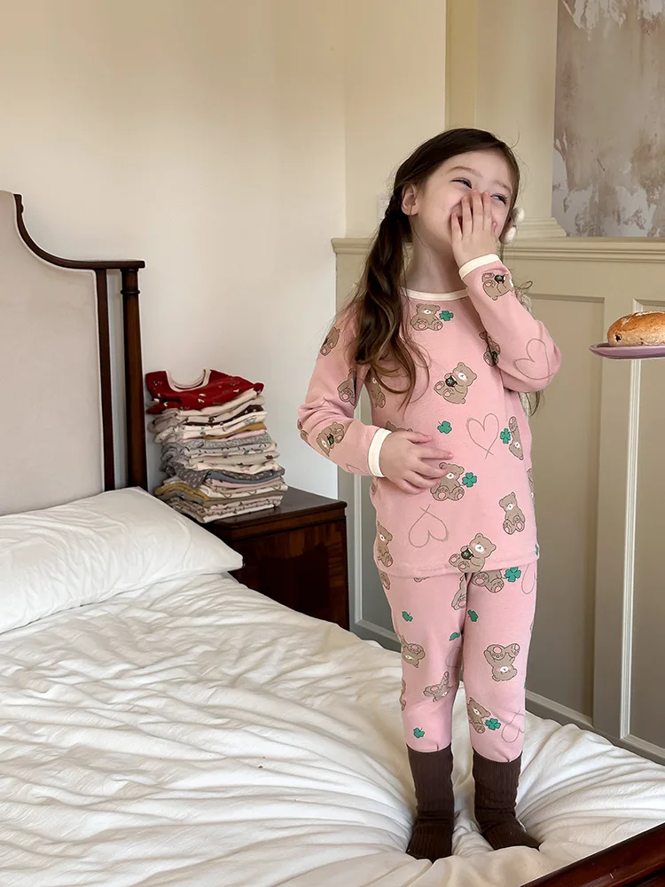 617 new arrival Korean design infant baby girls pajamas cartoon print child kids cotton pajamas fashion wholesale