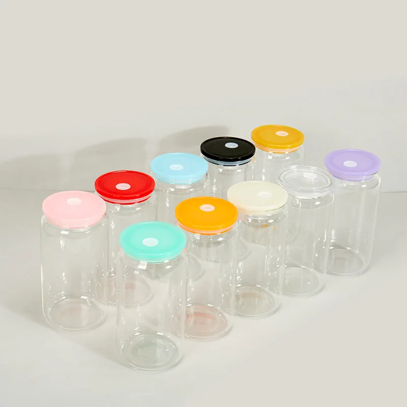 Wholesale 16oz 18oz Clear Beer Can Tumbler Jar Smoothie Cups Can Shaped Glass Cups with Colored Silicone Acrylic Lids