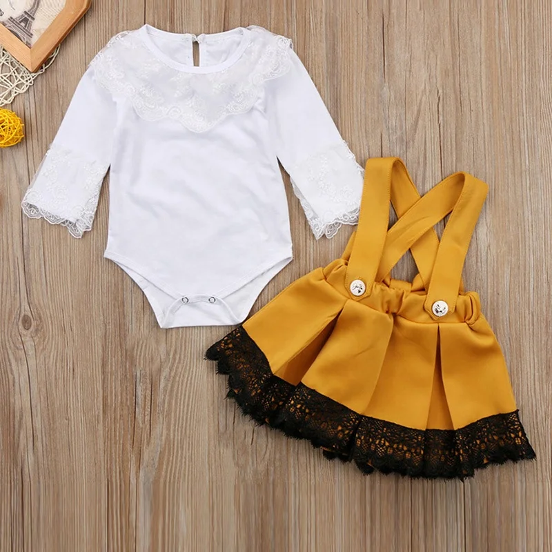 Boutique new baby clothing sets long sleeve solid rompers and yellow overall skirts with romper 2pcs girls clothing sets