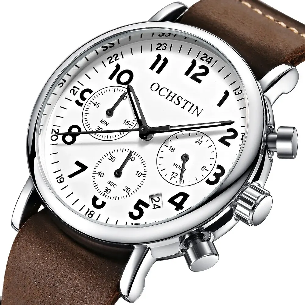 OCHSTIN GQ081A 2024 Pilot Mens Watches Luxury Cowhide Leather Luminous Quartz Man Retro Wrist Watch Vintage Chronograph Clock