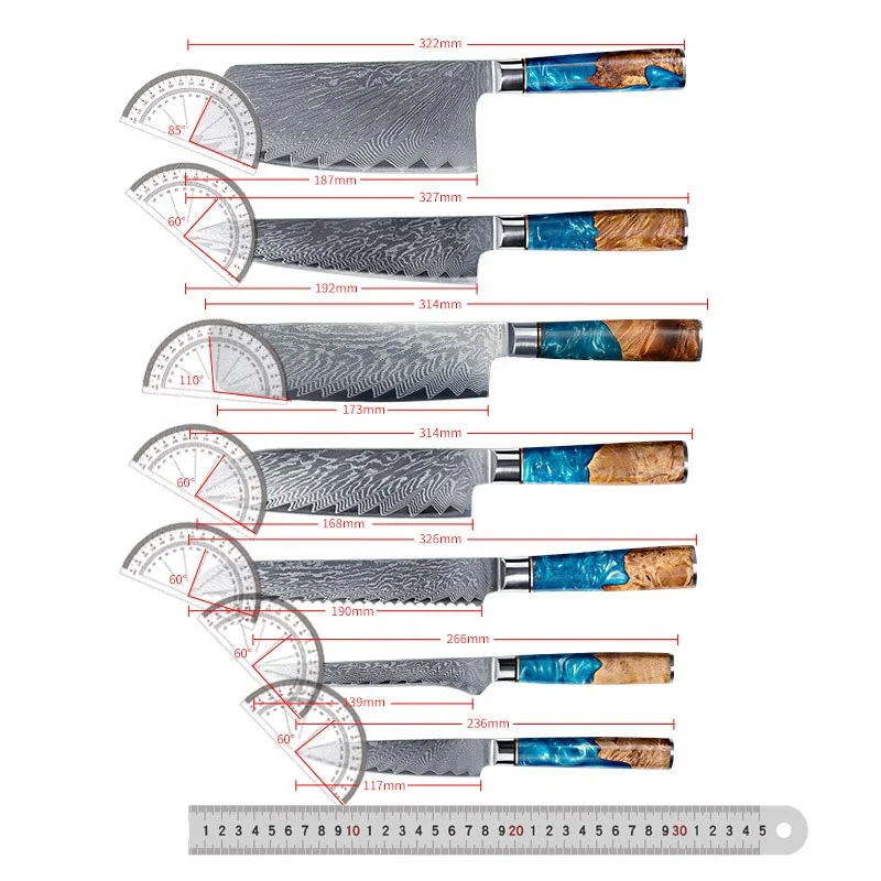 Japanese damascus knife professional santoku knife set kitchen knife set 67 layer damascus steel blade with resin forged handle