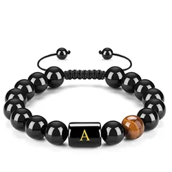 Fashion 26 Letters Tiger Eye Black Onyx Stones Beads Bracelet for Women Men