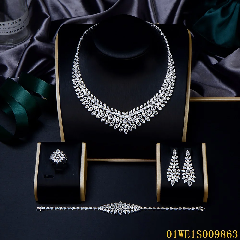 Uae Luxury Bling Heavy Cz Stone Paved 4pcs Saudi Arabian Party Stone Woman 925 Sterling Silver Bridal Jewelry Sets For Wedding