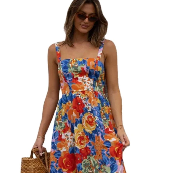Backless Fashion Elegant Floral Sexy Casual Lady Style Floral Casual Maxi Smocked Dresses For Girls