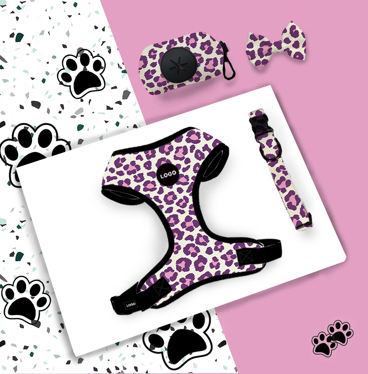 Custom Printed Neoprene Fabric on the front with Breathable Mesh Cotton Dog Collar Dog Harness Dog Leash Collar