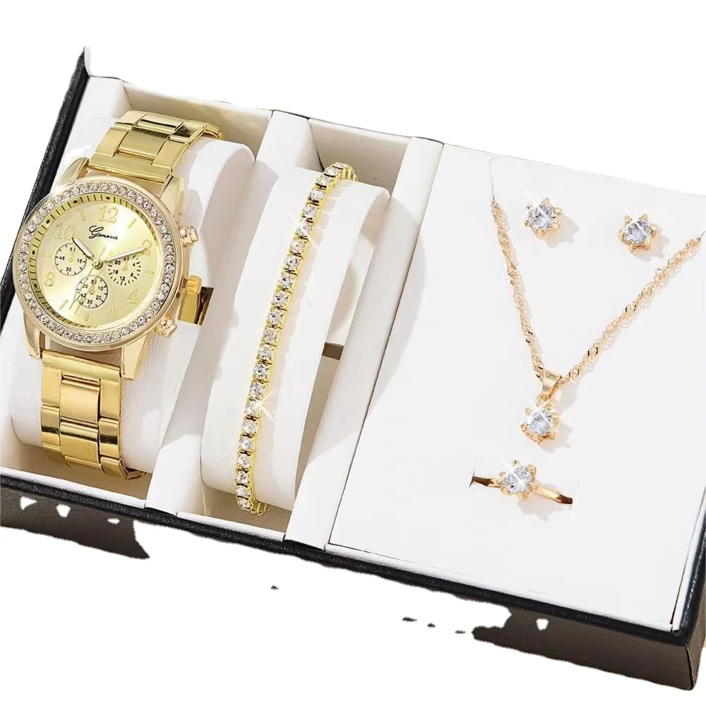 6PCS Set Luxury Watch Women Ring Necklace Earrings Rhinestone Fashion Wristwatch suit