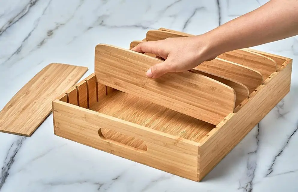 Bamboo Cabinet Drawer Box with Adjustable Dividers Wooden Food Storage Containers Lids Organizer