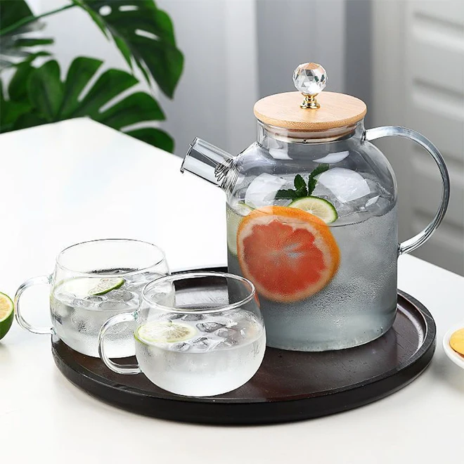 Cheap 1.8 liters Stovetop & Microwave Safe Glass Teapot with Removable Loose Tea Glass Infuser with wooden lid