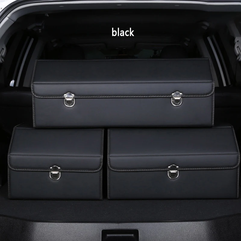 Luxury 2 Layers Leather Surface Adjustable Folding Suv Car Trunk Organizer Box With Metal Buckle