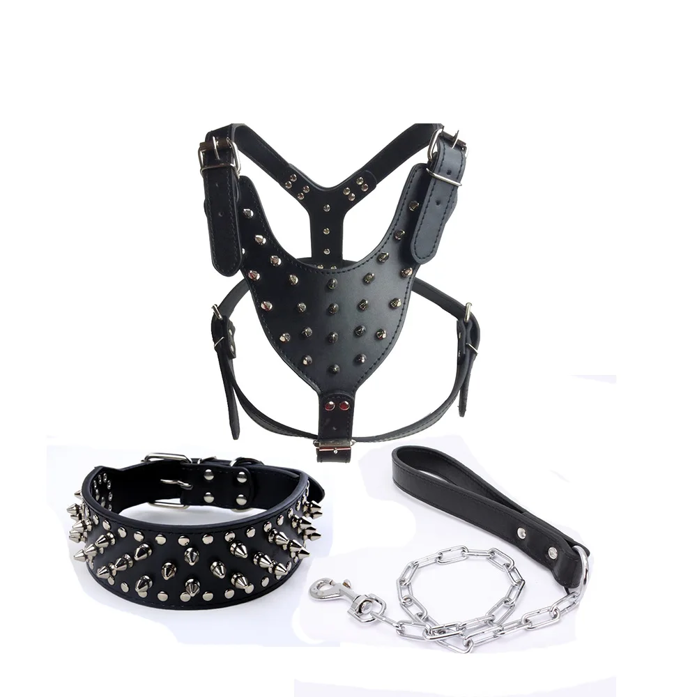 Manufacture Punk Studded Spike Luxury Leather Dog Harness With Rivet Collar Leash Set