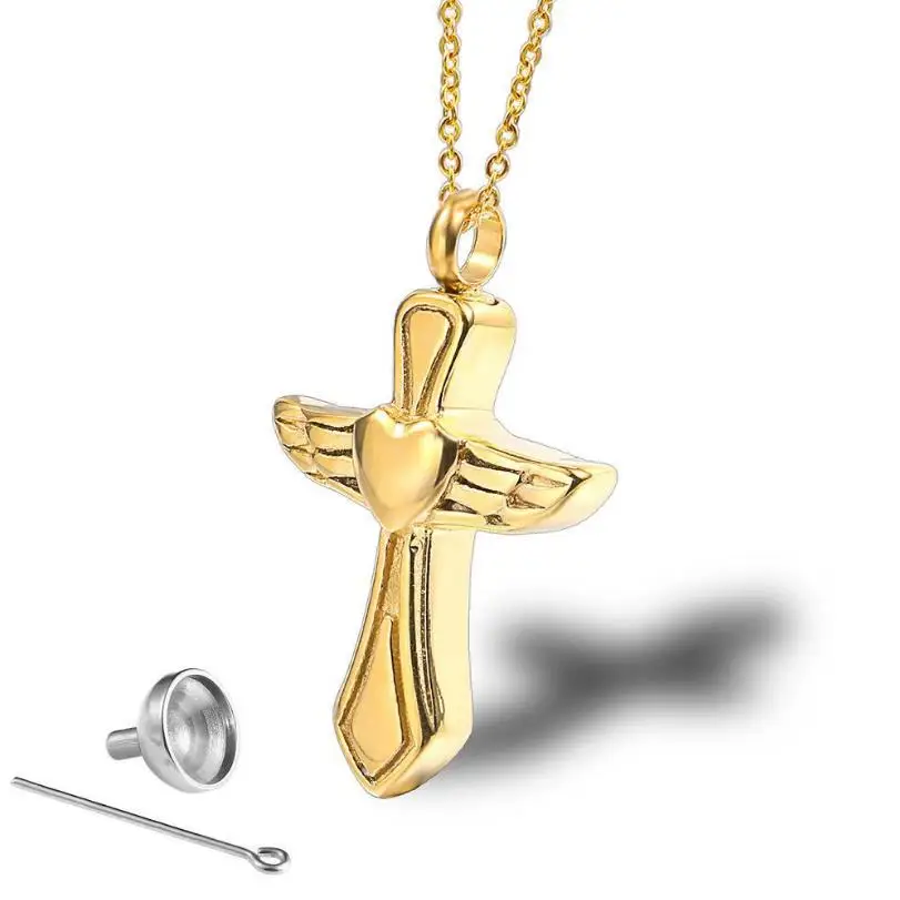 Cross Angel Wings Perfume Bottle Love Heart Openable Pet Urn Pendant Stainless Steel Necklace