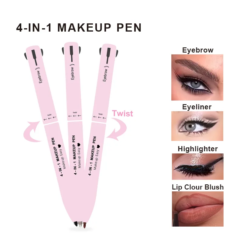 Vegan cruelty free multifunctional eyeliner lipliner highlighter eyebrow pencil private label custom 4 in 1 makeup pen