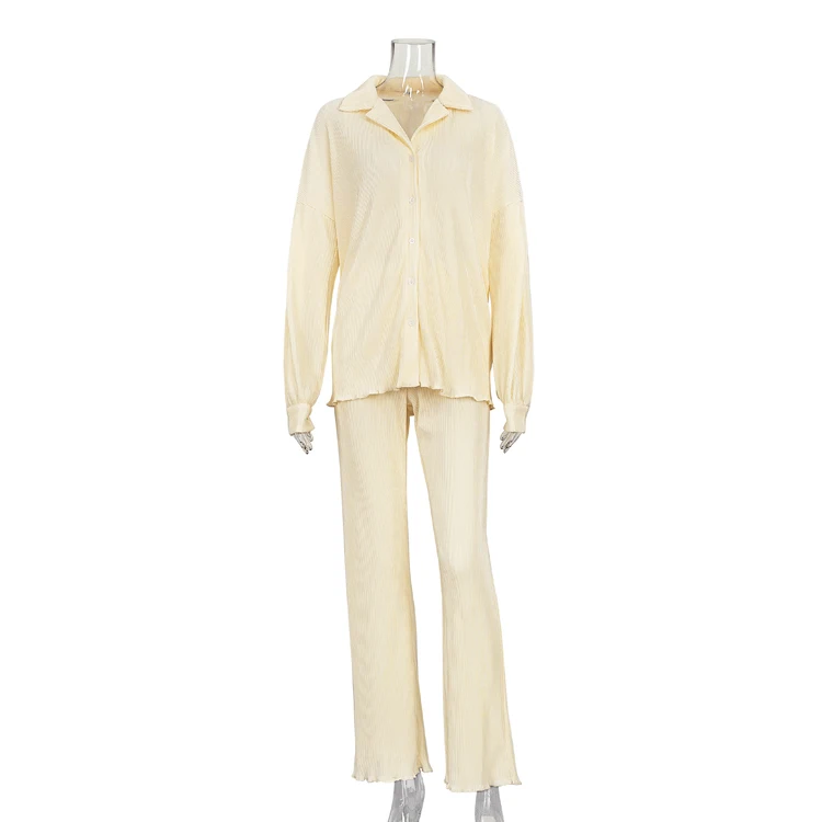 Блузка женская плиссированная с длинным рукавом, повседневный свободный элегантный домашний наряд бежевого цвета с широкими штанинами, с завышенной талией, осень