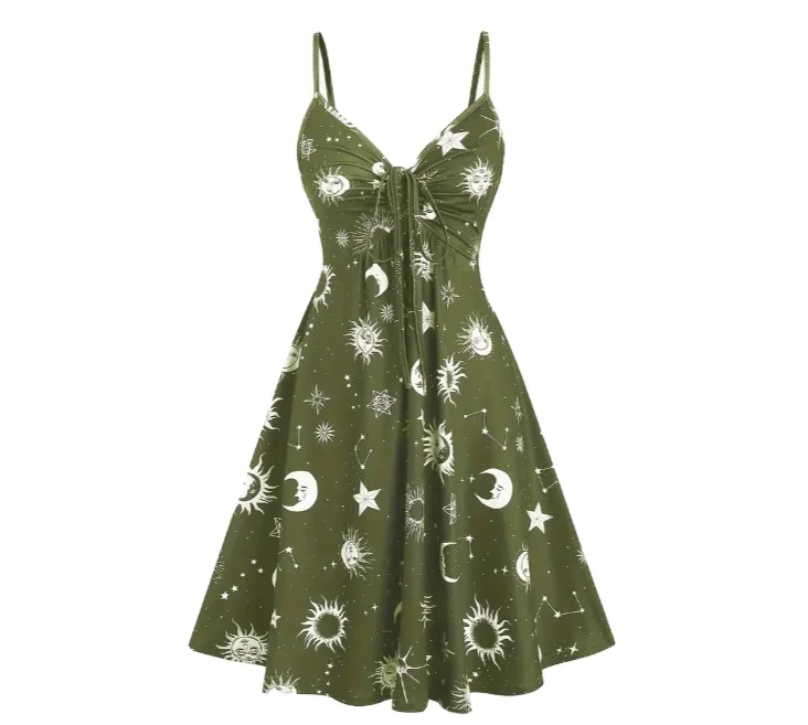 Green suspender dress, moon, sun and star pattern, low neckline, flattering bust, waist-hugging style