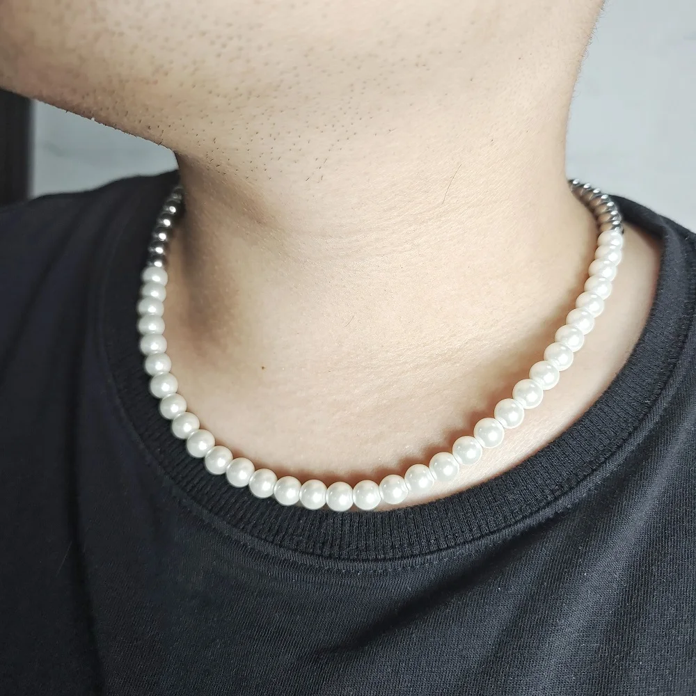 VAF Amazing!! 45/50/55CM Stainless Steel Bead And Synthetic Pearl Necklace With Stainless Steel Carabiner Clasp Ball Chain