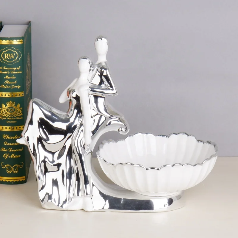 European Silver and Gold Ballet Double Dancing Sculpture Statue Fruit Bowl Ceramic Figurine Couple Dancing Home Decor