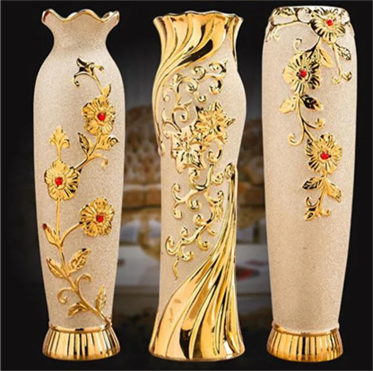 European Vase Decoration TV Cabinet Golden Flower Arrangement 60cm Floor Ceramic Vases