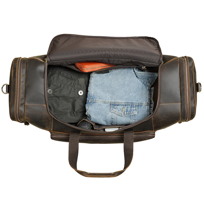 Large Volume Male Dark Brown Vintage Leather Duffle Weekend Travel Bag For Men With Full Grain Cowhide Crazy Horse Leather