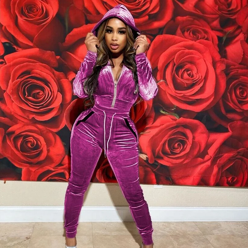 Gold Velvet Fabric Hooded Double Pocket Long-sleeved Multicolor Two-piece Sports Zipper Sweater Ladies Suit Poncho Sweater Women