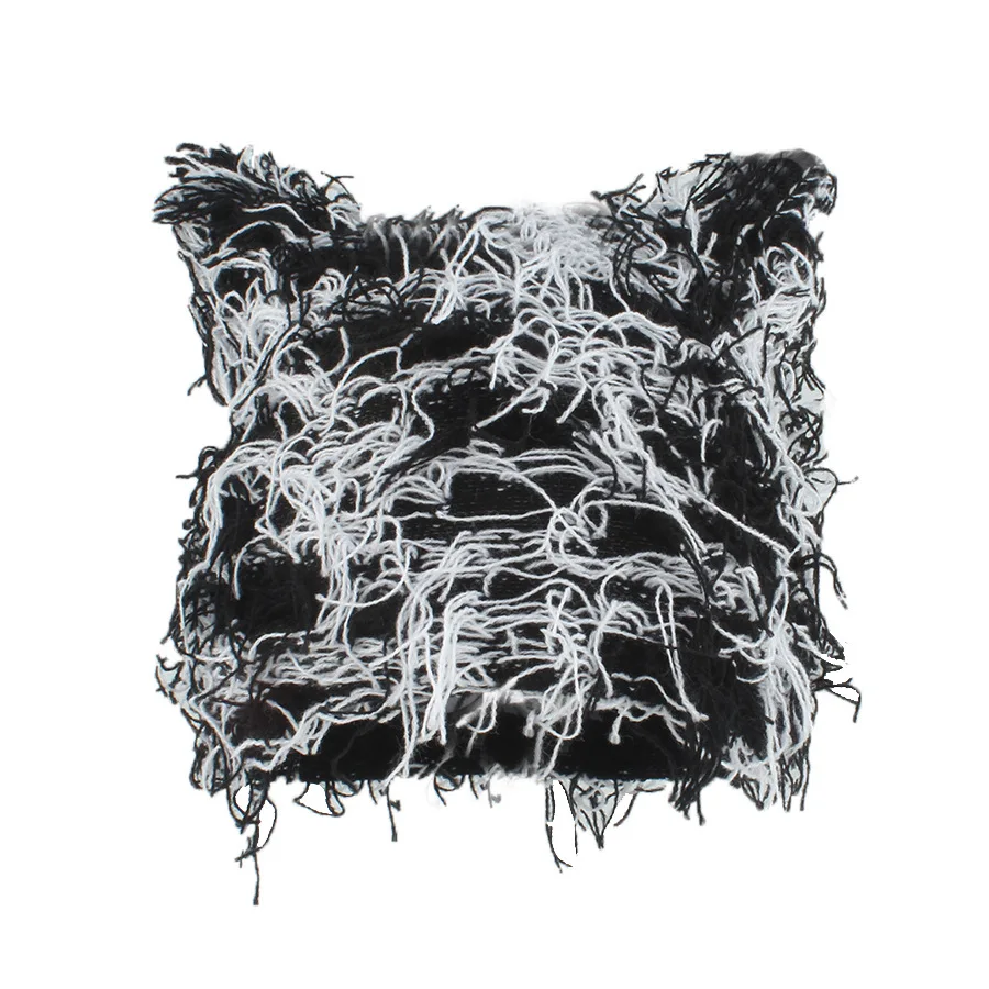 FF3087 Winter Outdoor Knit Beanie Hat with Cat Ear Warm Skull Cap Knitted Slouchy Fuzzy Winter Hats Distressed Y2k Beanies Cap